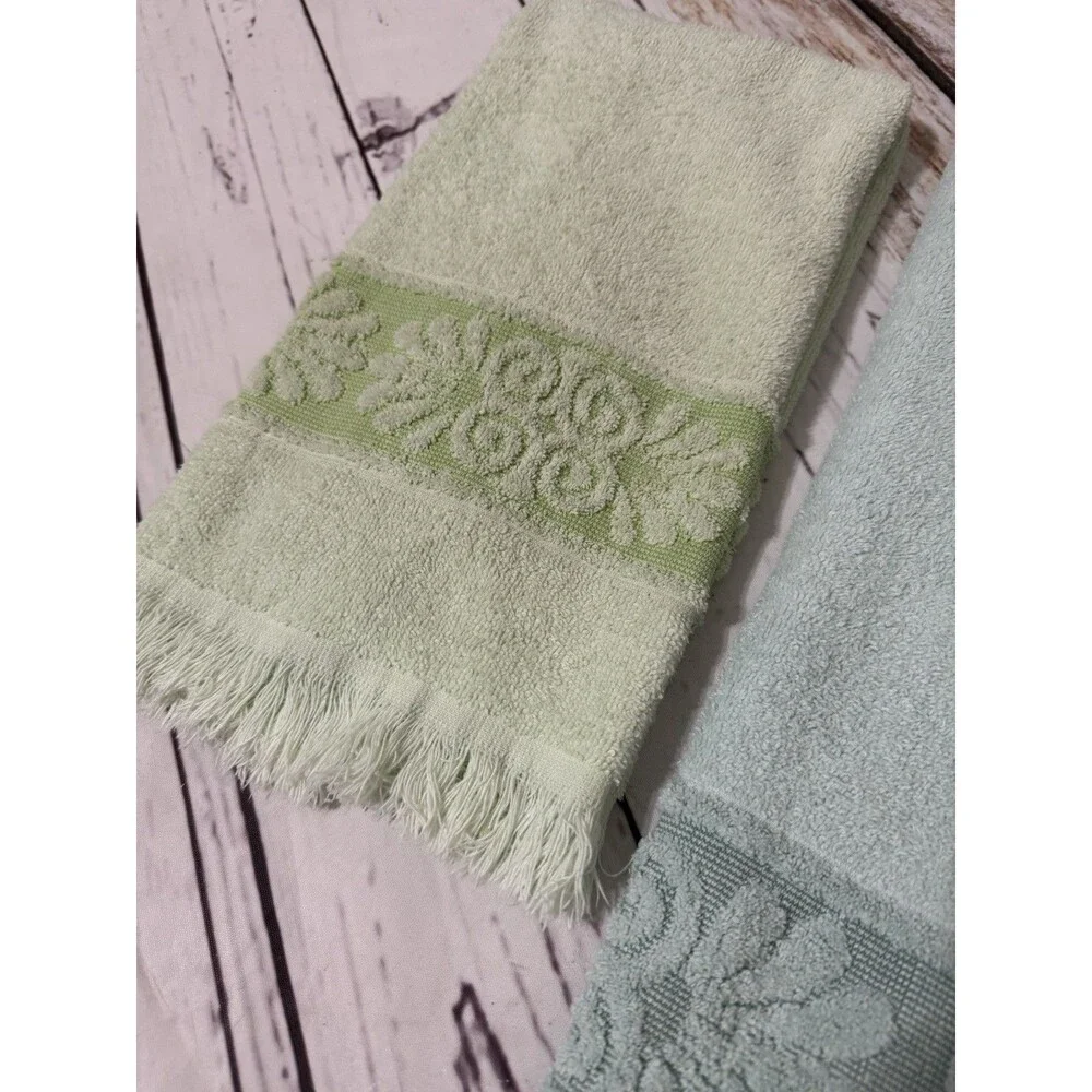 Vtg Cannon Monticello Santa Cruz Bath & Hand Towel Sculpted Fringe Greens